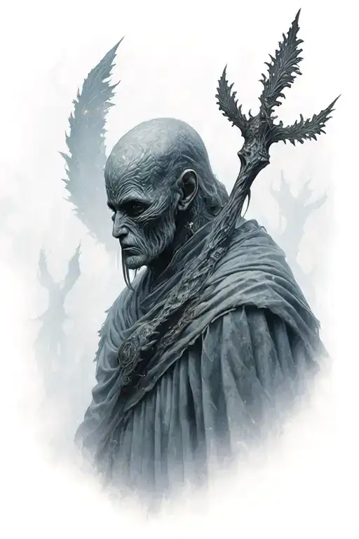 The Warden —an ancient, non-human, solemn figure that emerges from the fog to watch over memories, loss.  tattoo design idea