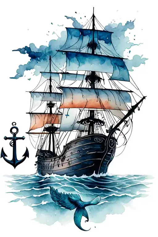 pirate ship, anchor, compass, mermaid, storm tattoo design idea