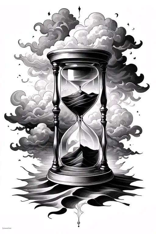 hourglass with flowing sands, blending into the clouds or the aurora, symbolizing time and the fleeting moments of trave tattoo design idea