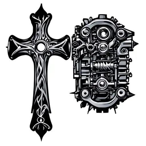 cross made of car engine parts tattoo design idea