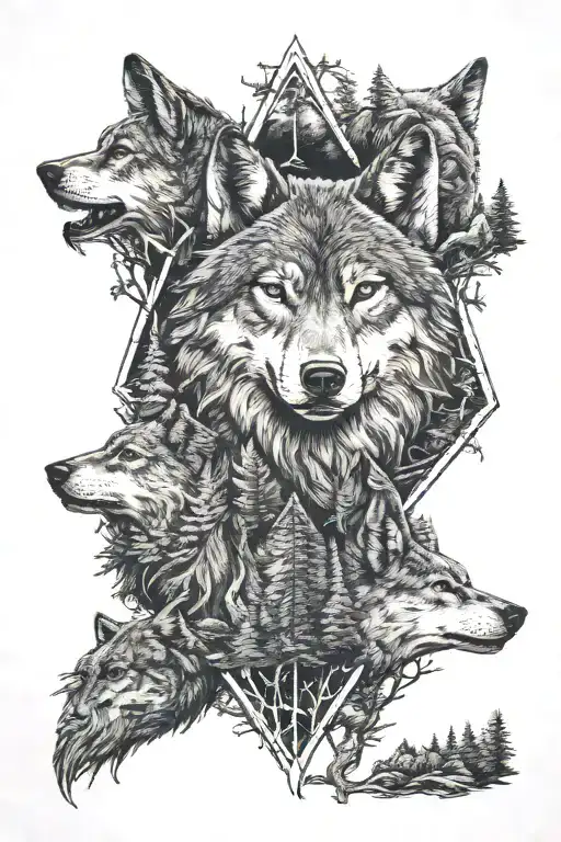 wolf in howling forest scene tattoo design idea