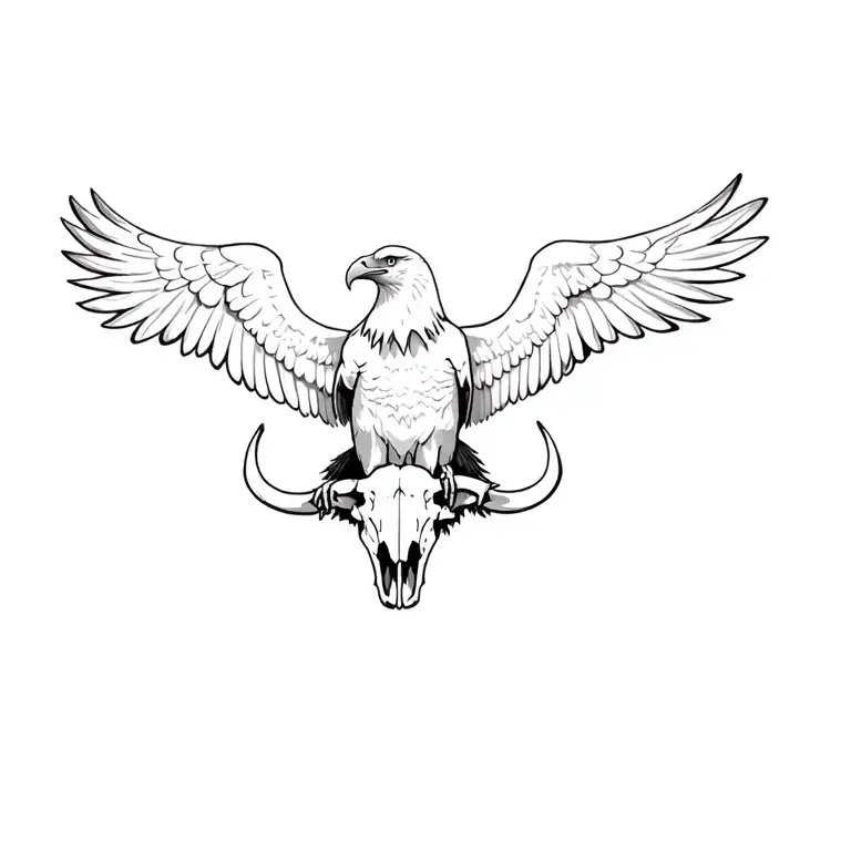bald eagle with wings spread wide, standing on a bison skull tattoo design idea