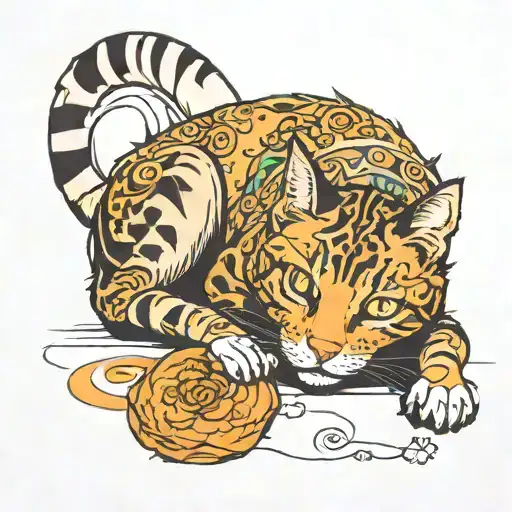 a cat lying on the ground and drawing on a paper tattoo design idea