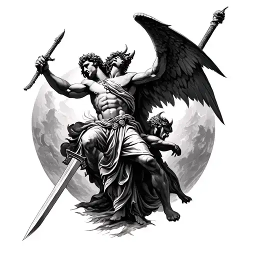 St Michael defeating the devil with a sword tattoo design idea