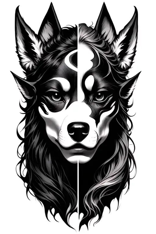 Split oni mask with dogs. The result will be a half mythical beast split with a woman in the middle tattoo design idea