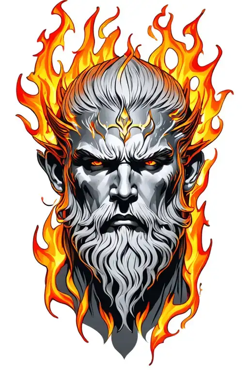 Prometheus face with fire flames tattoo design idea