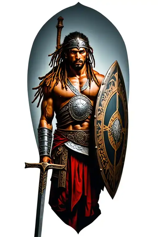 I want a tattoo with like a warrior gladiator ..add dreads on the gladiator..the warrior has a sword and a shield walkin tattoo design idea