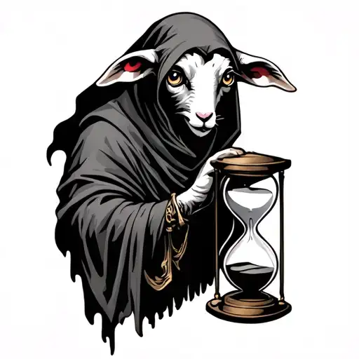 seven eyes lamb, dressed as the grim reaper, holding an hourglass tattoo design idea