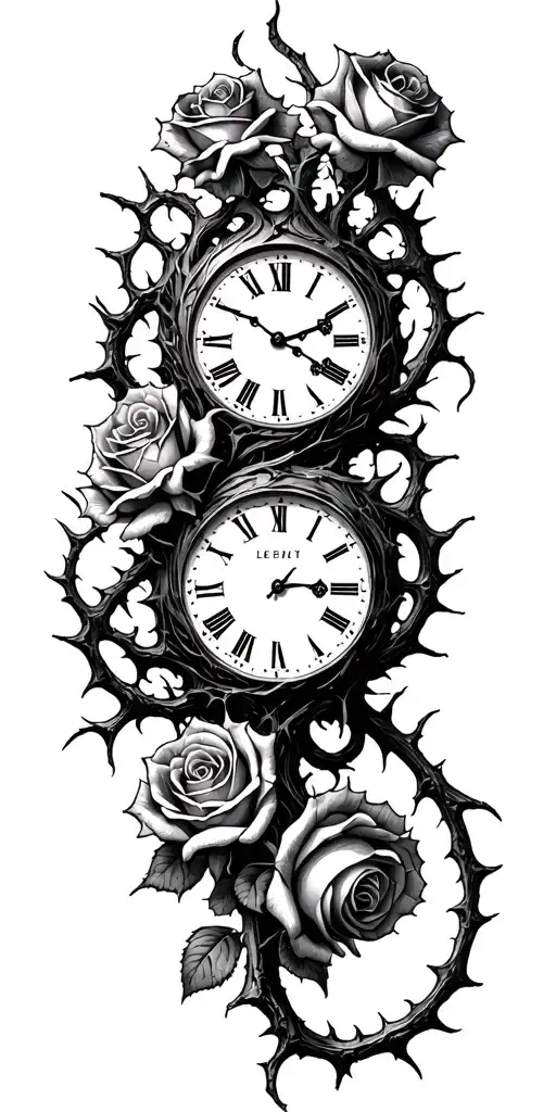 clocks thornes and rotten roses tangled up lots of big thorns tattoo design idea