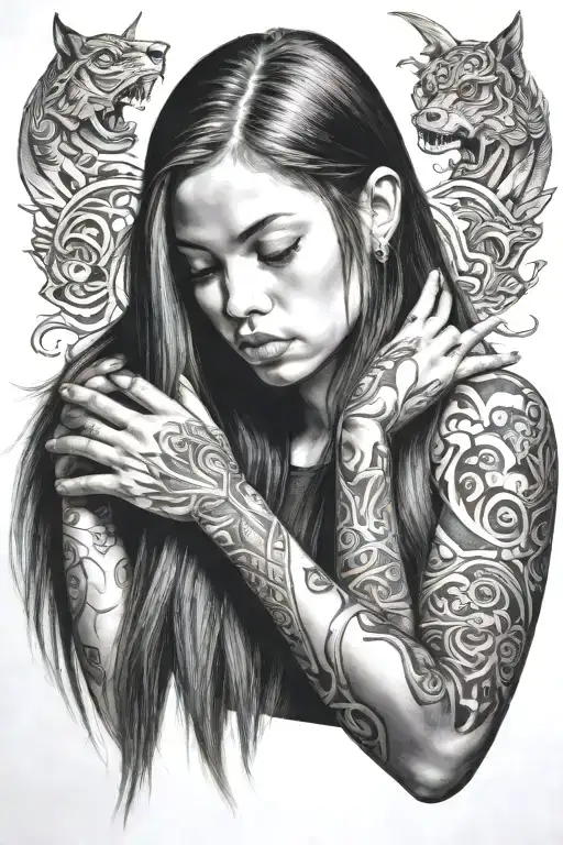 a girl with long hair soothing a large shadow creature tattoo design idea