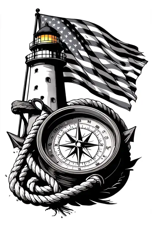 compass with anchor, rope, lighthouse, and an american flag tattoo design idea