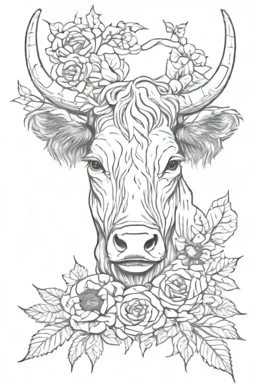 Highland cow skull hand with roses and sunflowers with Bob wire tattoo design idea