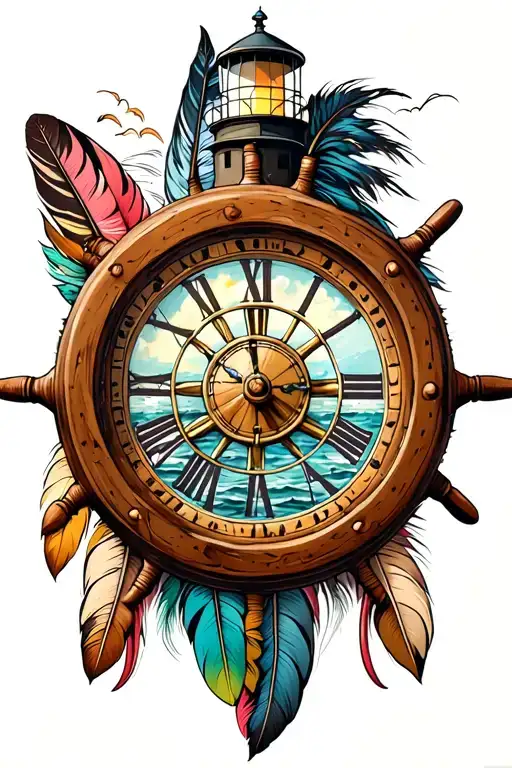 lighthouse with clock inside a ships wheel and indian feathers tattoo design idea