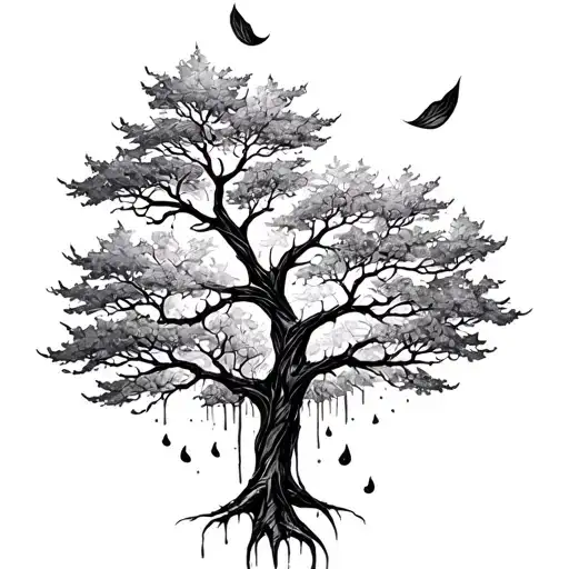 give me a tattoo design of a tree with 2 leafs falling off tattoo design idea