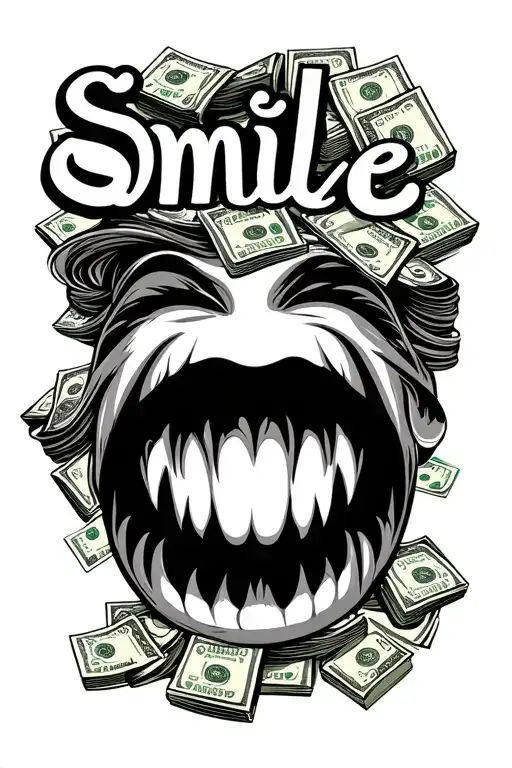 "Smile now cry later" money stack gambling smile face crying face tattoo design idea