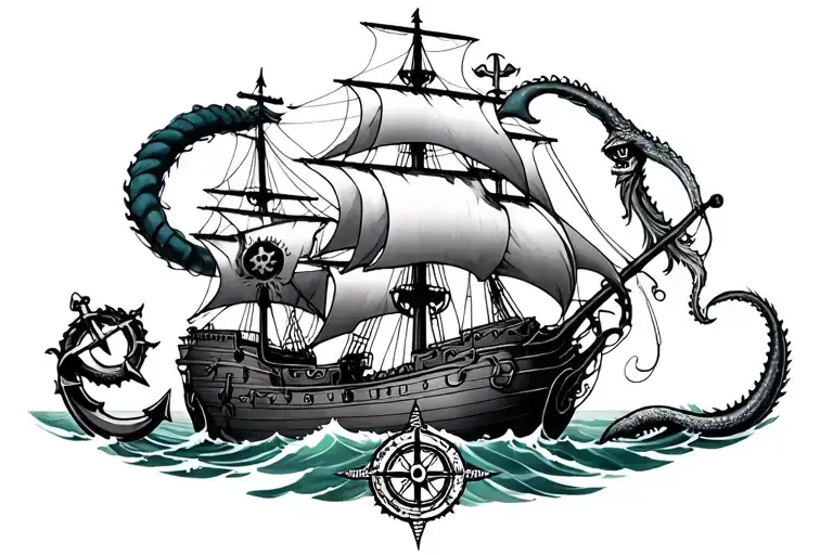 pirate ship, anchor, compass, kraken tattoo design idea