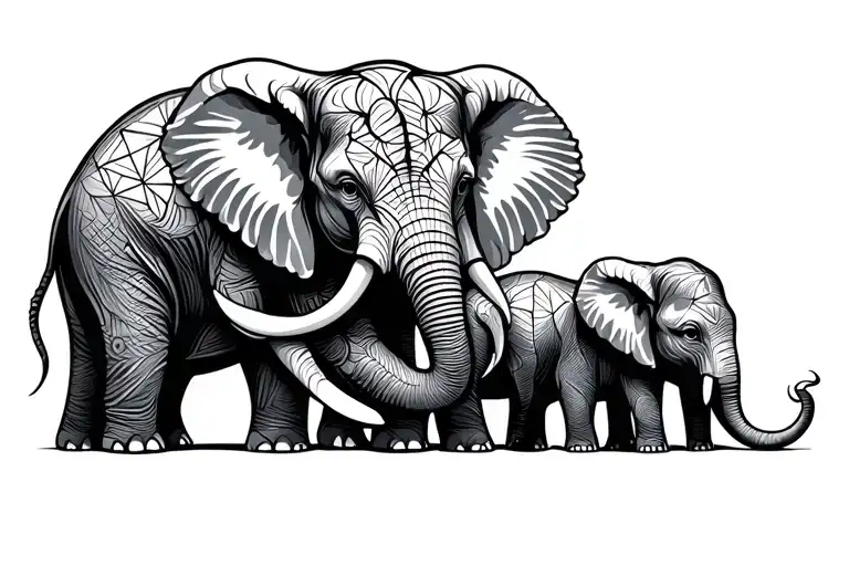 a mother elephant hugging two child elephants with here trunk  tattoo design idea