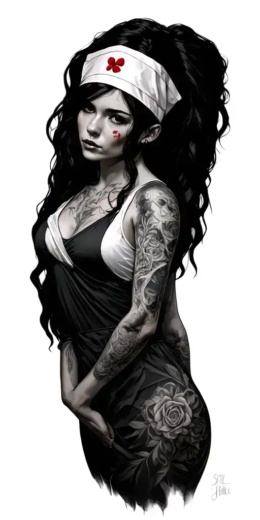 silent hill nurse and ashley from saw each other flourish tattoo design idea