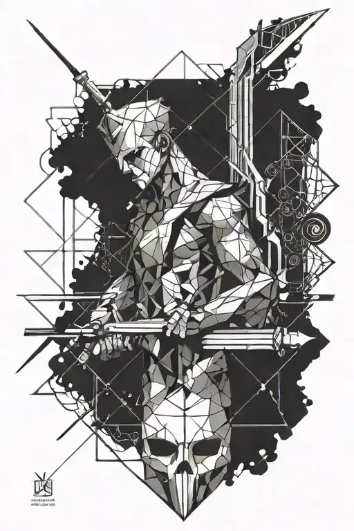 Can you draw a person holding weapons trying to destroy the gates of heaven?   tattoo design idea