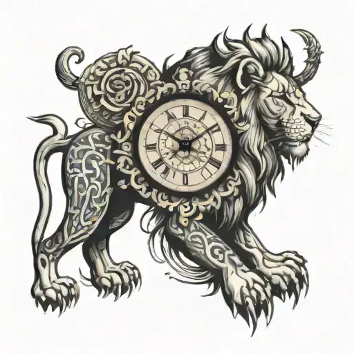 lion clock surrounded tattoo design idea