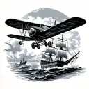 a biplane flying and a ship sailing tattoo design idea