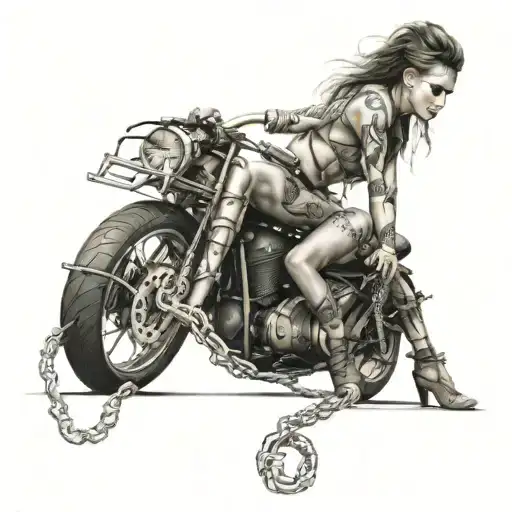 sexy girl wrapped in chains on a motorcycle  tattoo design idea