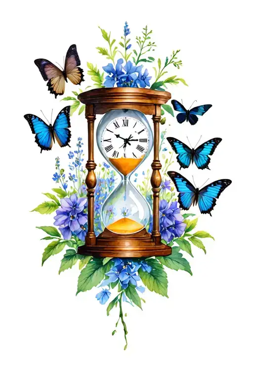 vintage hourglass with clock in top half surrounded by hawthorne, larkspur, sweet pea and swallowtail butterflies tattoo design idea