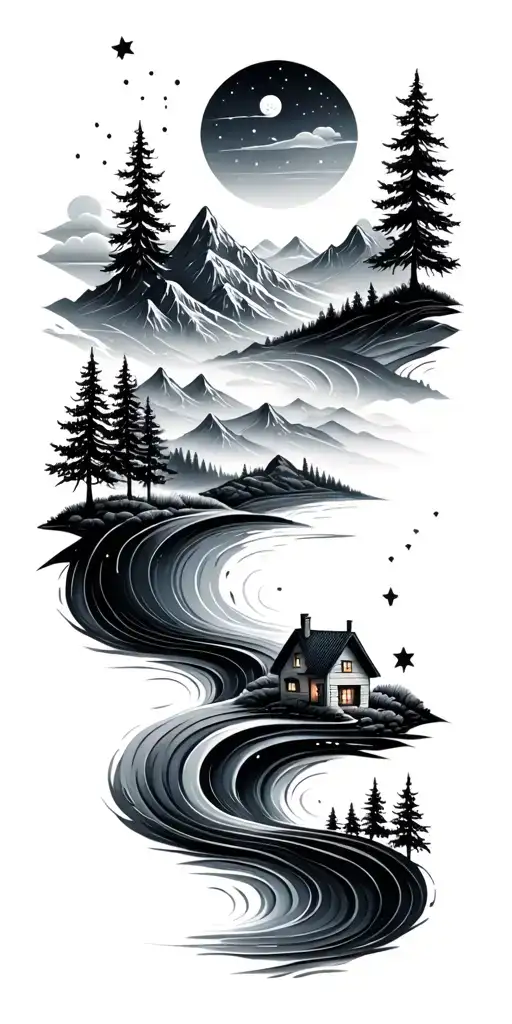 Black & grey with flowing water, mountains, trees, small home, and a starry sky, symbolizing growth,family, wisdom tattoo design idea