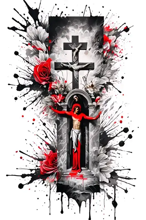 Calf sleeve tattoo featuring elements of christianity such as cross, Jesus Christ, empty tomb,Holy Spirit,Holy Father... tattoo design idea