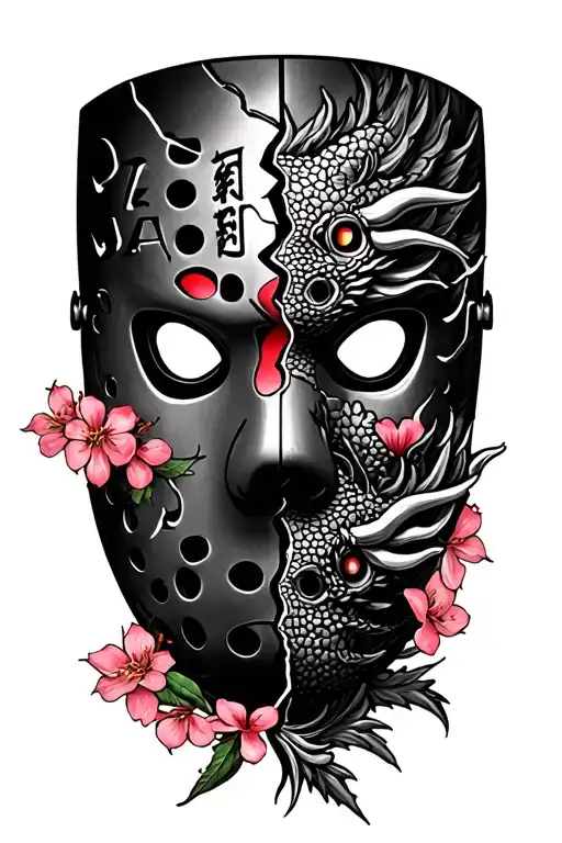half of a broken Friday the 13th mask with  Japanese dragon the word 'JASON' And the number 13 and cherry blossoms  tattoo design idea