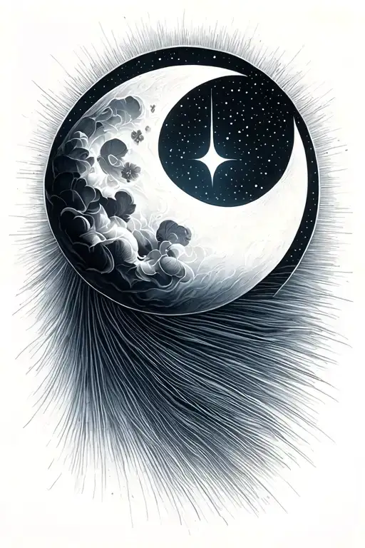 A white crescent moon in the middle of the left shoulder blade. Fine lines wander out of the crescent moon. The lines wall tattoo design idea