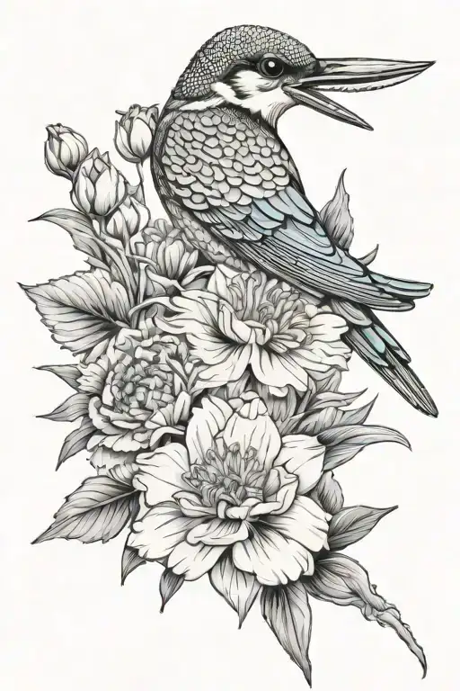 carnation and daisy bouquet with kingfisher bird tattoo design idea