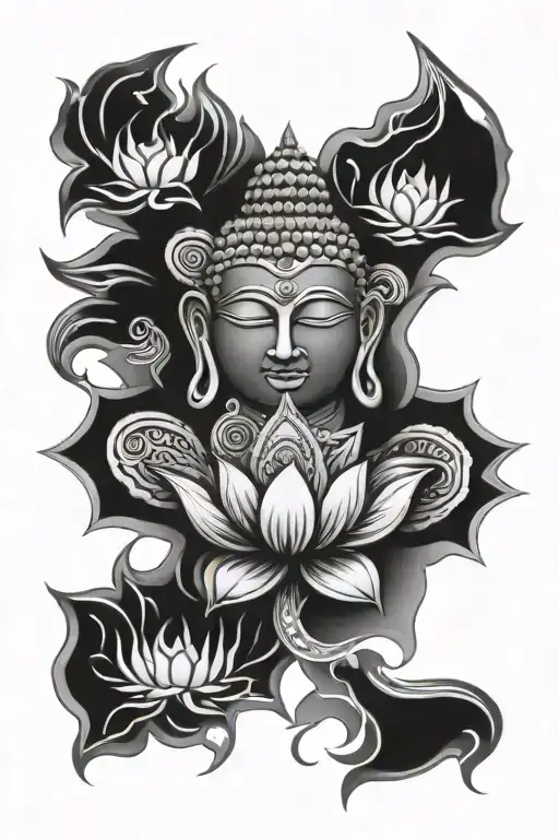 Māori tribal with Buddha and lotus flower blooming tattoo design idea