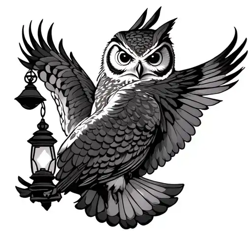 owl carrying a lantern in flight  tattoo design idea
