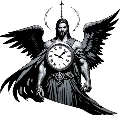 warrior man angel with clock benind tattoo design idea