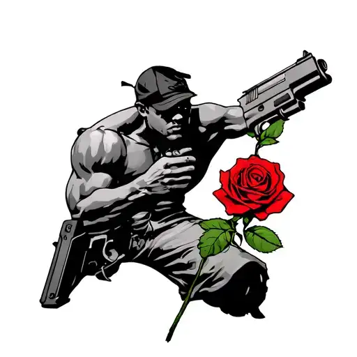 jumpman with gun in hand holding a rose tattoo design idea