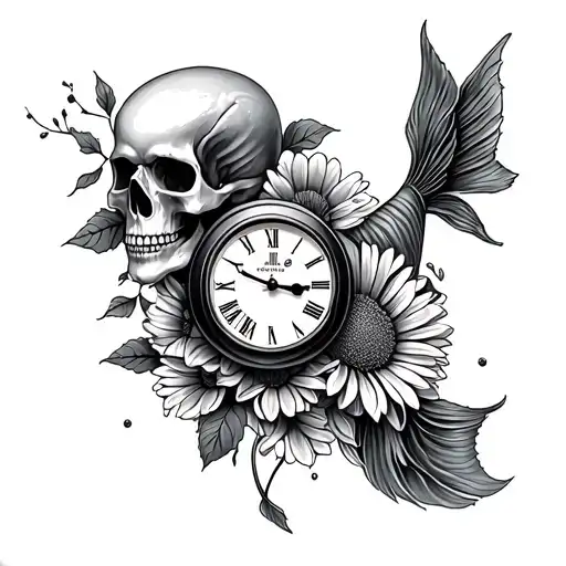 heaven koi fish rose daisy clock skull tattoo design idea