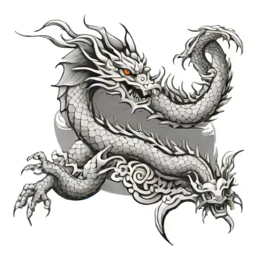 japanese Dragon and village behind it from top right tattoo design idea