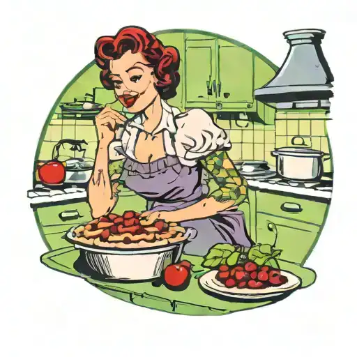 Beautiful vinage woman in her retro kitchen baking a cherry pie. Purples and blacks with green accent color tattoo design idea