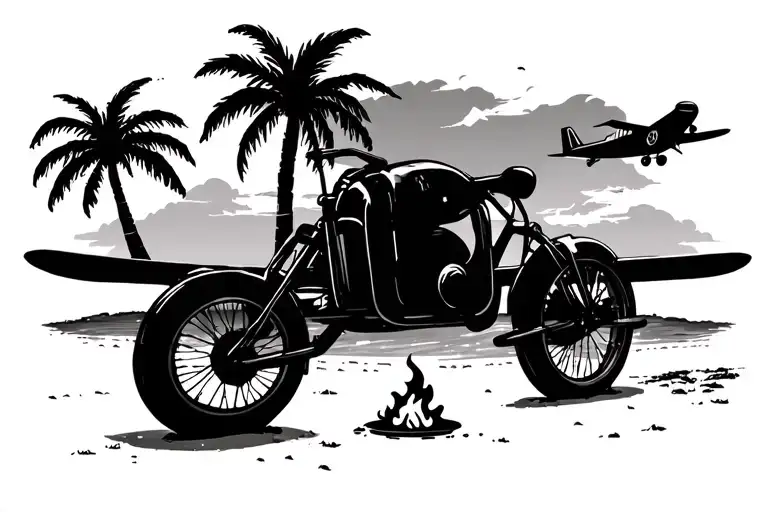 coastal beach scene palm trees fire pit kelpie dog plane in sky sunset old bike tattoo design idea