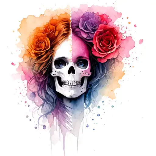 womans face thats half skeleton surrounded by chaos of love, hope, pain, addiction, life, strength and weakness  tattoo design idea