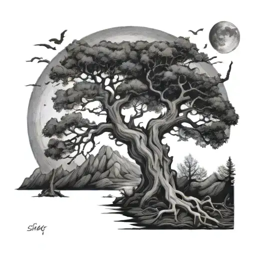 Githic sark and twisted oak tree with small full moon behind it tattoo design idea