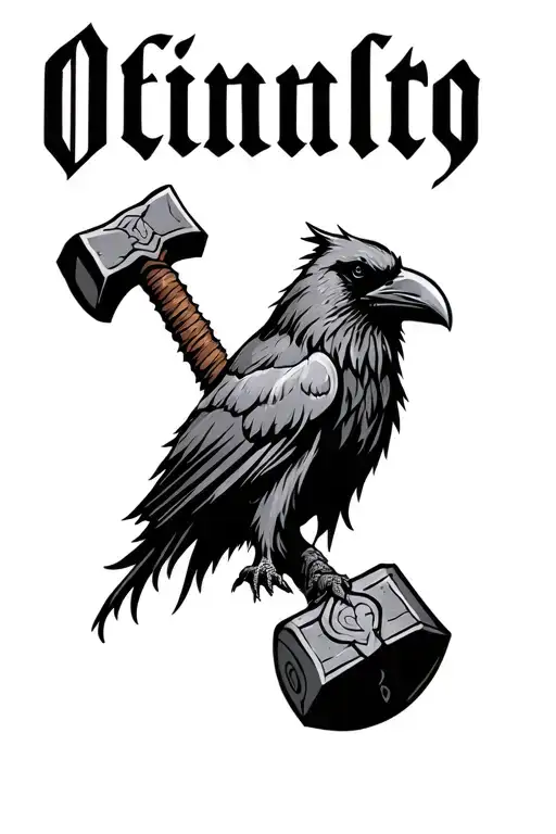 Odin's crow and thors hammer with Odin's name incorporated tattoo design idea