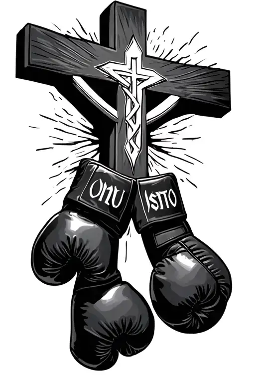 Christian cross with boxing gloves hanging tattoo design idea
