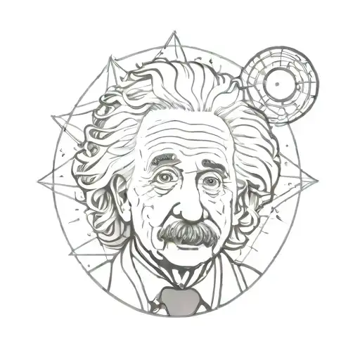 A sketch style tattoo of Albert Einstein gazing at the stars, with equations e=mc2, pi symbol, and Planck's constant subtly incorporated in the background tattoo design idea