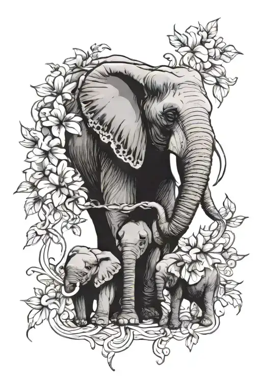 line drawn flowers intertwined with elephants representing family tattoo design idea