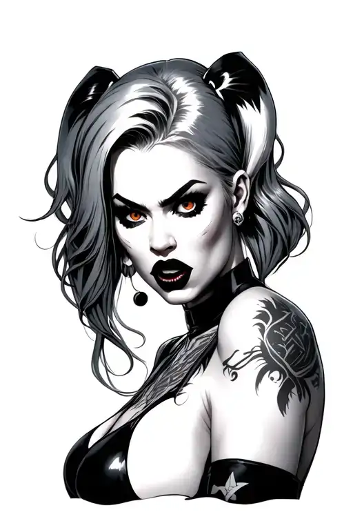 Alexa bliss type of girl with Harley Quinn hair. looking forward menacingly. black and grey with brown eyes tattoo design idea