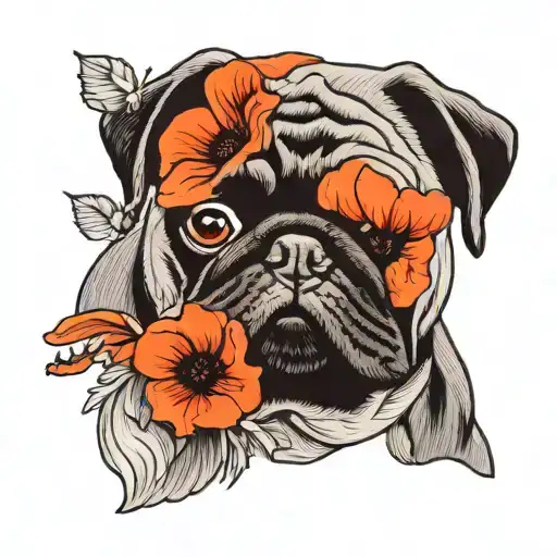 Black pug face with poppies blooming tattoo design idea