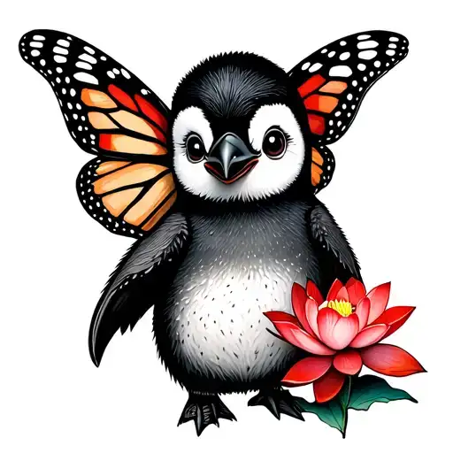 I want a cute yet powerful style. A small baby boy penguin with monarch butterfly wings holding red lotus flower tattoo design idea