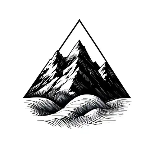 Geometric mountain inside a triangle, with a curved wave below, minimalist style, black line art, medium-small size for  tattoo design idea